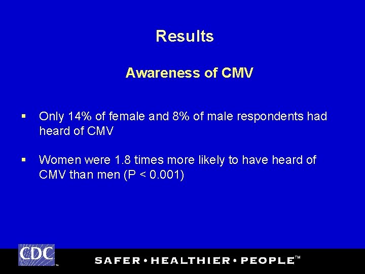 Results Awareness of CMV § Only 14% of female and 8% of male respondents