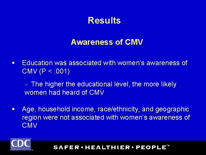 Results Awareness of CMV § Education was associated with women’s awareness of CMV (P