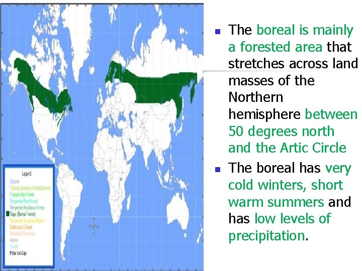 n n The boreal is mainly a forested area that stretches across land masses
