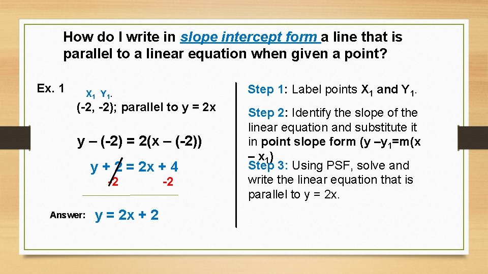 How do I write in slope intercept form a line that is parallel to How do I write in slope intercept form a line that is parallel to