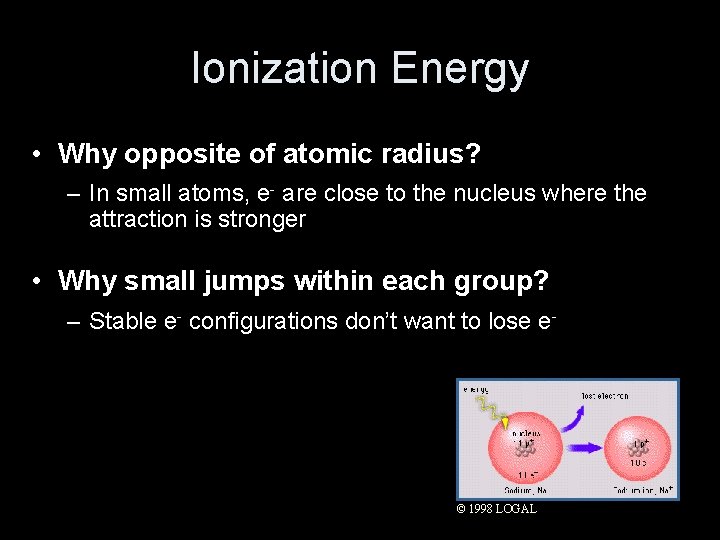 Ionization Energy • Why opposite of atomic radius? – In small atoms, e- are