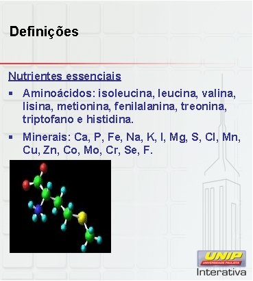 Definições Nutrientes essenciais § Aminoácidos: isoleucina, valina, lisina, metionina, fenilalanina, treonina, triptofano e histidina.