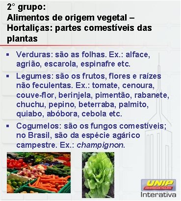 2° grupo: Alimentos de origem vegetal – Hortaliças: partes comestíveis das plantas § Verduras: