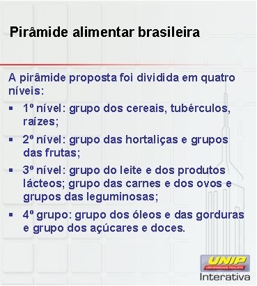 Pirâmide alimentar brasileira A pirâmide proposta foi dividida em quatro níveis: § 1º nível: