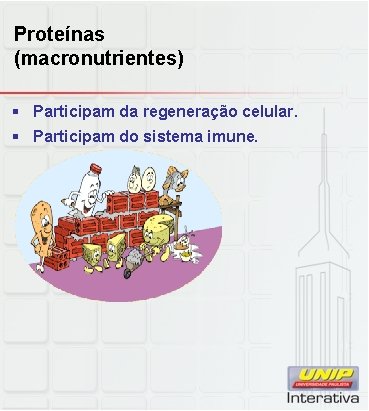 Proteínas (macronutrientes) § Participam da regeneração celular. § Participam do sistema imune. 