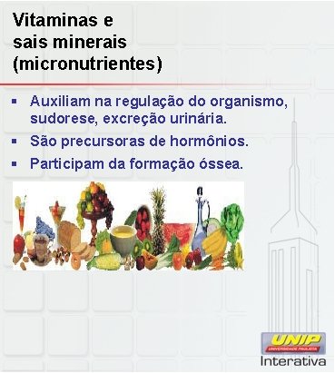 Vitaminas e sais minerais (micronutrientes) § Auxiliam na regulação do organismo, sudorese, excreção urinária.