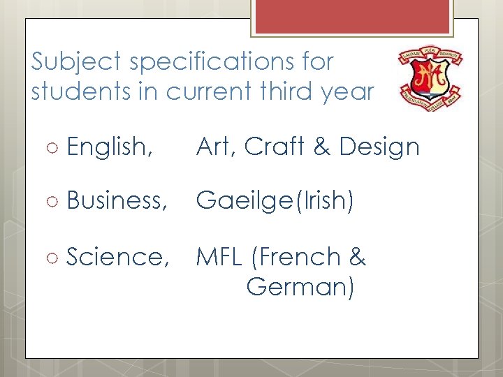 Subject specifications for students in current third year ○ English, Art, Craft & Design