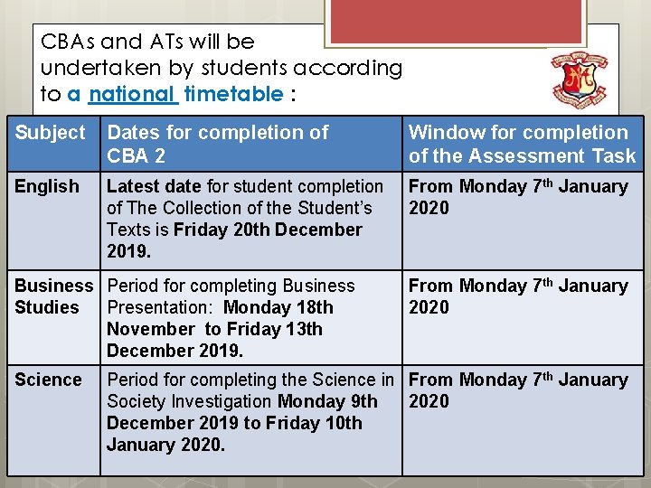CBAs and ATs will be undertaken by students according to a national timetable :