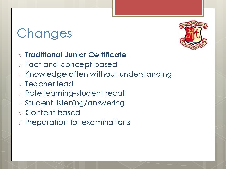 Changes ○ ○ ○ ○ Traditional Junior Certificate Fact and concept based Knowledge often