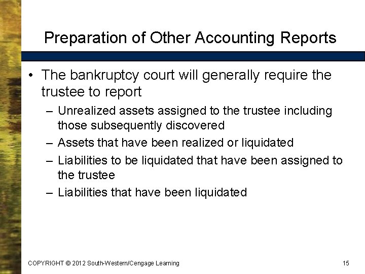 Preparation of Other Accounting Reports • The bankruptcy court will generally require the trustee