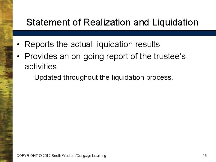 Statement of Realization and Liquidation • Reports the actual liquidation results • Provides an