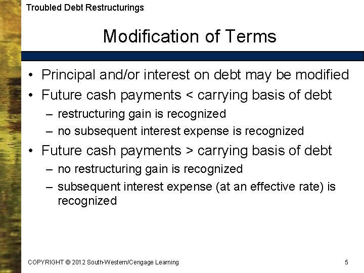 Troubled Debt Restructurings Modification of Terms • Principal and/or interest on debt may be