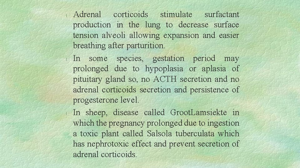 l l l Adrenal corticoids stimulate surfactant production in the lung to decrease surface