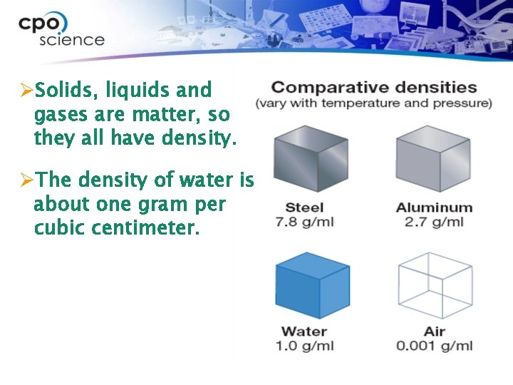 ØSolids, liquids and gases are matter, so they all have density. ØThe density of