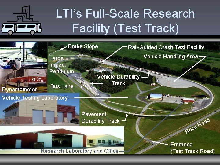 LTI’s Full-Scale Research Facility (Test Track) Brake Slope Large Impact Pendulum Dynamometer Bus Lane