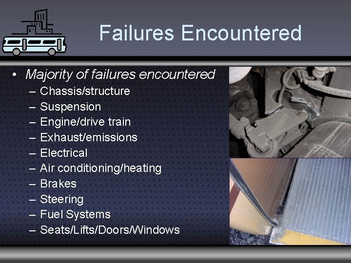 Failures Encountered • Majority of failures encountered – – – – – Chassis/structure Suspension