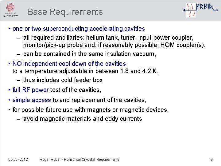 Base Requirements • one or two superconducting accelerating cavities – all required ancillaries: helium