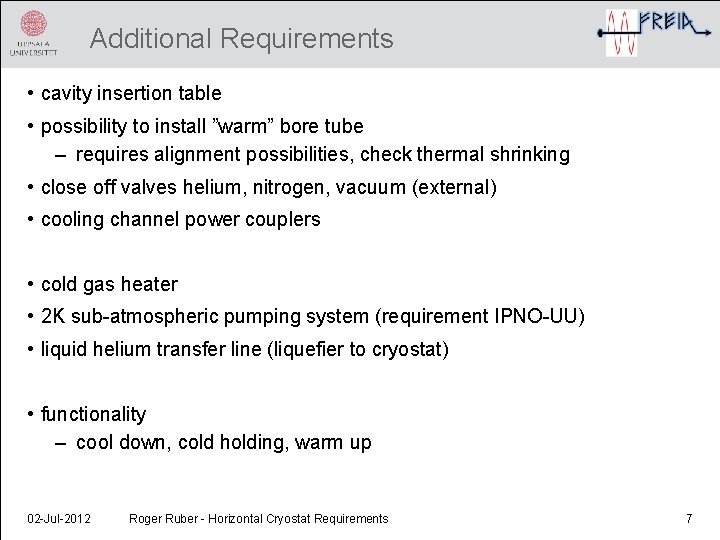 Additional Requirements • cavity insertion table • possibility to install ”warm” bore tube –