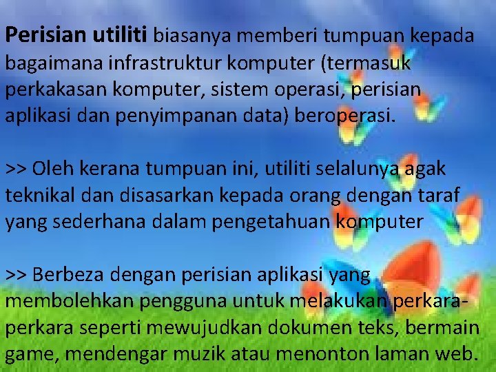 Perisian utiliti biasanya memberi tumpuan kepada bagaimana infrastruktur komputer (termasuk perkakasan komputer, sistem operasi,