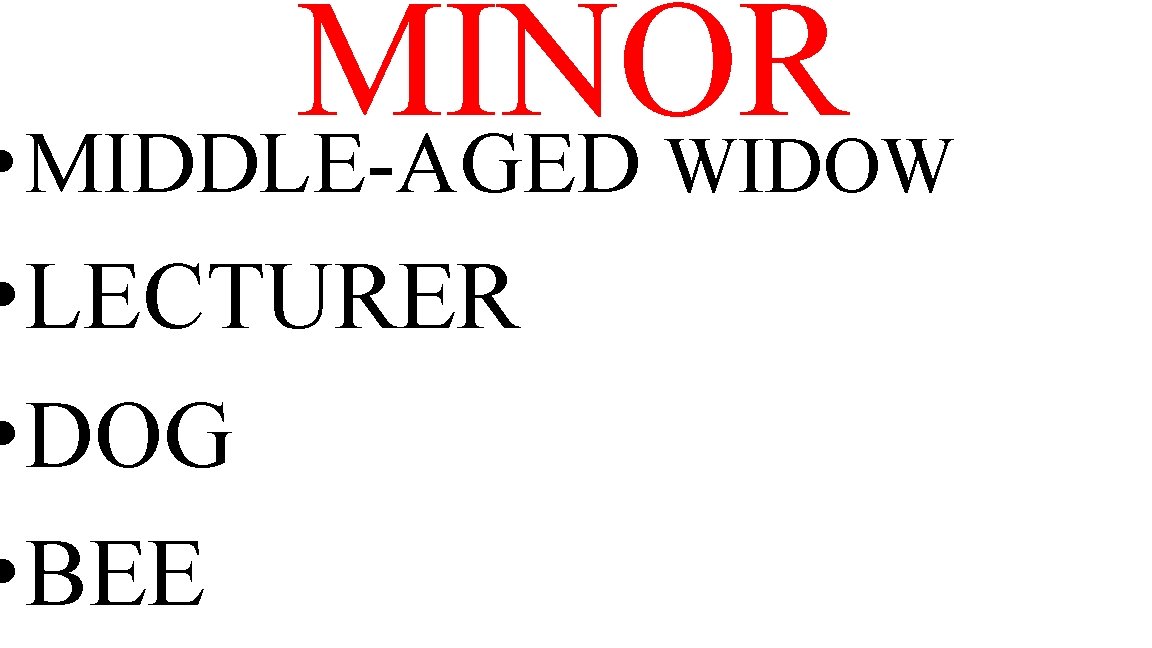 MINOR • MIDDLE-AGED WIDOW • LECTURER • DOG • BEE 