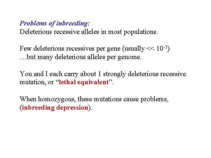Problems of inbreeding: Deleterious recessive alleles in most populations. Few deleterious recessives per gene
