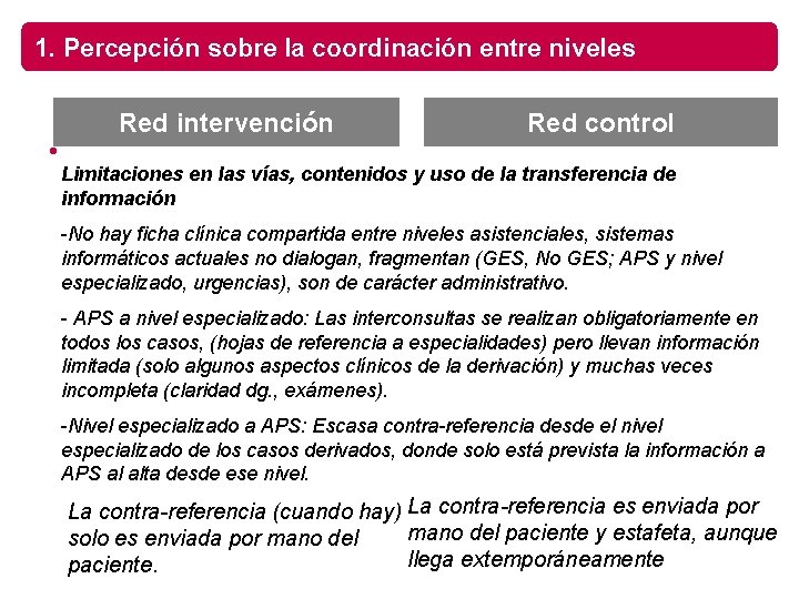 1. Percepción sobre la coordinación entre niveles • Red intervención Red control Limitaciones en