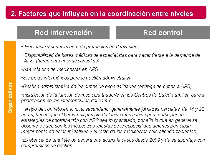 2. Factores que influyen en la coordinación entre niveles Red intervención Red control •