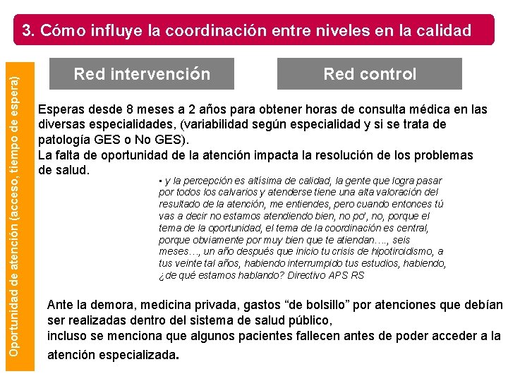 Oportunidad de atención (acceso, tiempo de espera) 3. Cómo influye la coordinación entre niveles