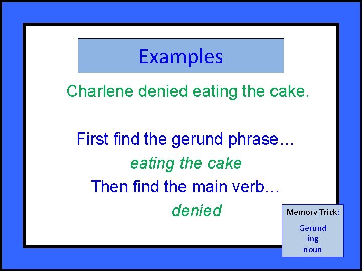 Examples Charlene denied eating the cake. First find the gerund phrase… eating the cake