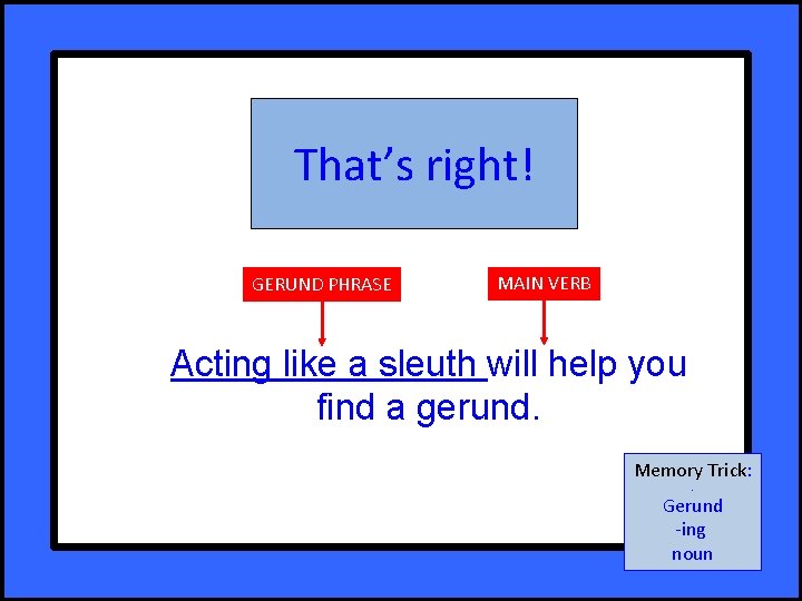 That’s right! GERUND PHRASE MAIN VERB Acting like a sleuth will help you find