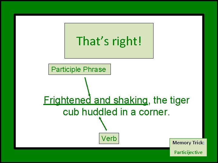 That’s right! Participle Phrase Frightened and shaking, the tiger cub huddled in a corner.