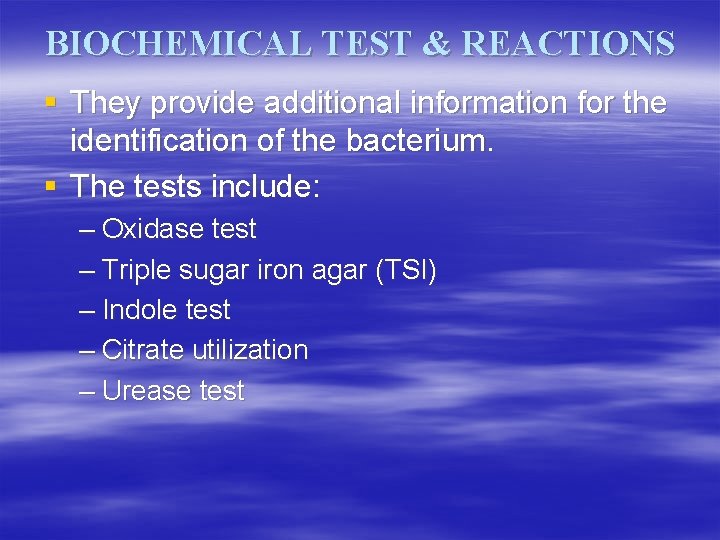 BIOCHEMICAL TEST & REACTIONS § They provide additional information for the identification of the