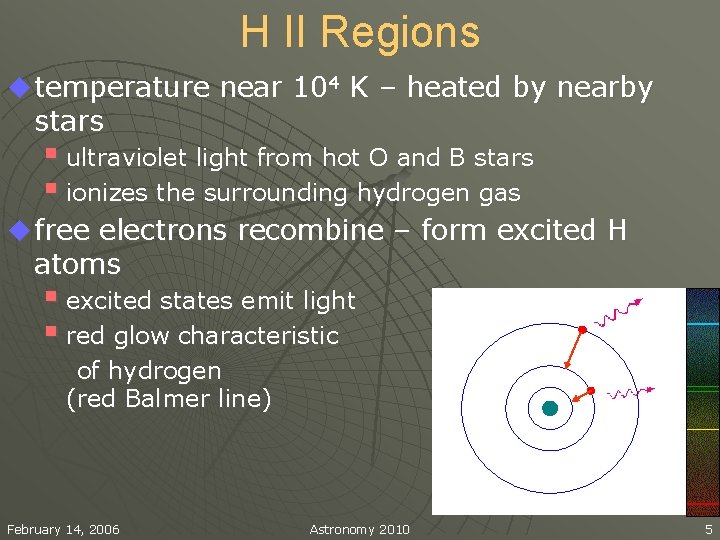 H II Regions u temperature near 104 K – heated by nearby stars §