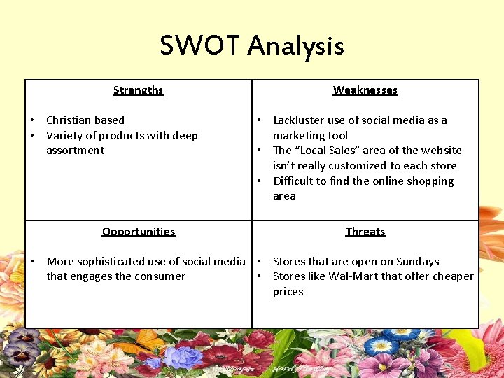 SWOT Analysis Strengths • Christian based • Variety of products with deep assortment Opportunities