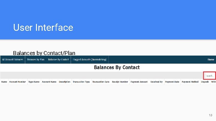 User Interface Balances by Contact/Plan 13 