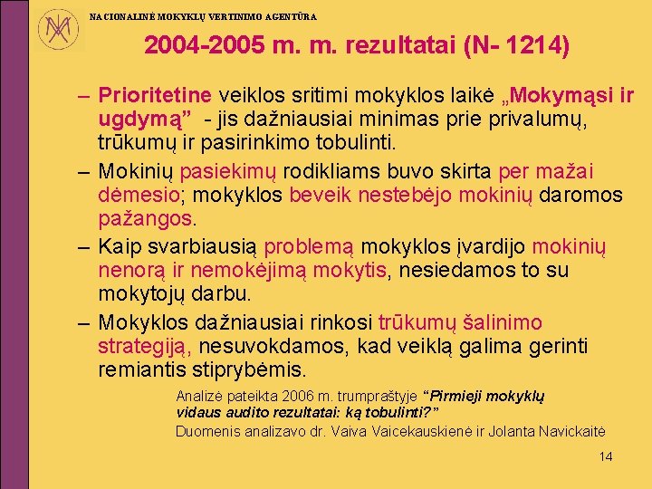 NACIONALINĖ MOKYKLŲ VERTINIMO AGENTŪRA 2004 -2005 m. m. rezultatai (N- 1214) – Prioritetine veiklos