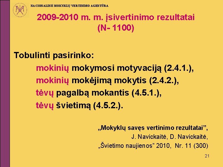 NACIONALINĖ MOKYKLŲ VERTINIMO AGENTŪRA 2009 -2010 m. m. įsivertinimo rezultatai (N- 1100) Tobulinti pasirinko:
