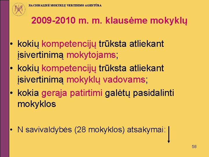 NACIONALINĖ MOKYKLŲ VERTINIMO AGENTŪRA 2009 -2010 m. m. klausėme mokyklų • kokių kompetencijų trūksta