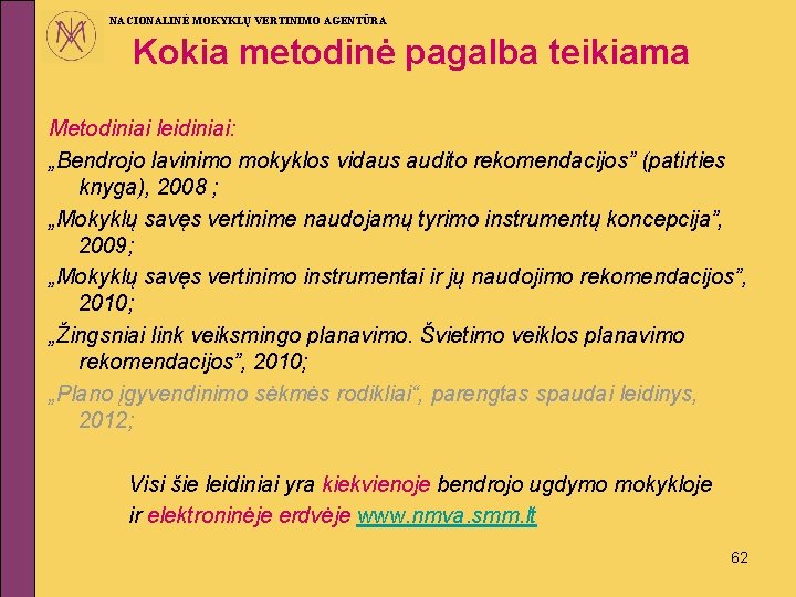 NACIONALINĖ MOKYKLŲ VERTINIMO AGENTŪRA Kokia metodinė pagalba teikiama Metodiniai leidiniai: „Bendrojo lavinimo mokyklos vidaus