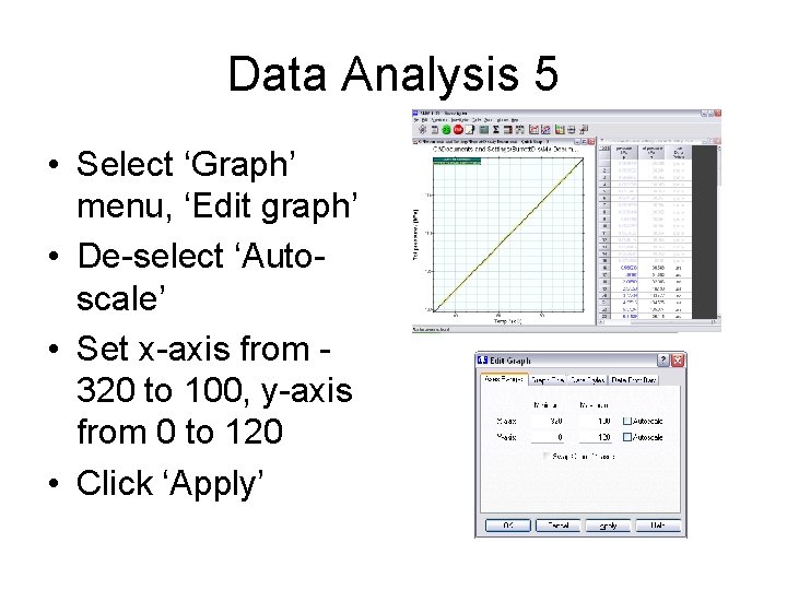 Data Analysis 5 • Select ‘Graph’ menu, ‘Edit graph’ • De-select ‘Autoscale’ • Set