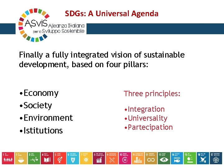SDGs: A Universal Agenda Finally a fully integrated vision of sustainable development, based on
