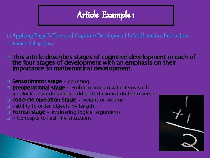 Article Example 1 � Applying Piaget’s Theory of Cognitive Development to Mathematics Instruction �