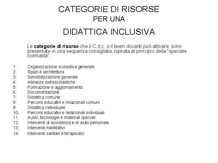 CATEGORIE DI RISORSE PER UNA DIDATTICA INCLUSIVA Le categorie di risorse che il C.