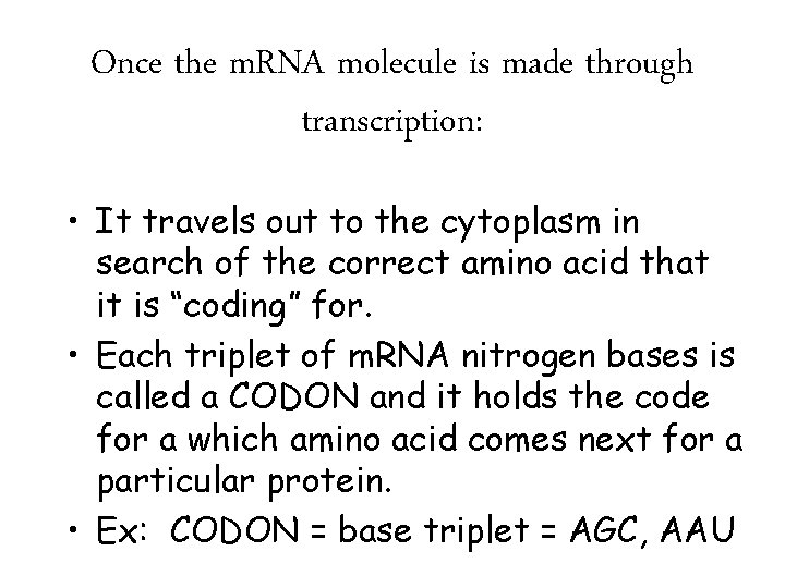 Once the m. RNA molecule is made through transcription: • It travels out to