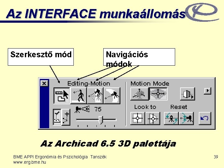 Az INTERFACE munkaállomás Szerkesztő mód Navigációs módok Az Archicad 6. 5 3 D palettája