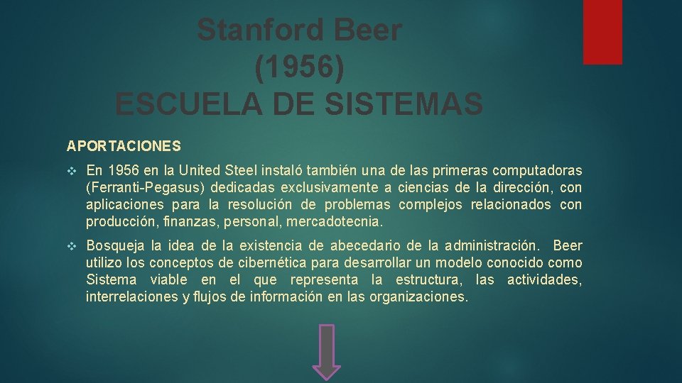 Stanford Beer (1956) ESCUELA DE SISTEMAS APORTACIONES v En 1956 en la United Steel