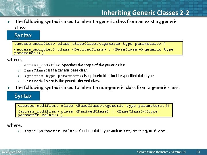Inheriting Generic Classes 2 -2 u The following syntax is used to inherit a