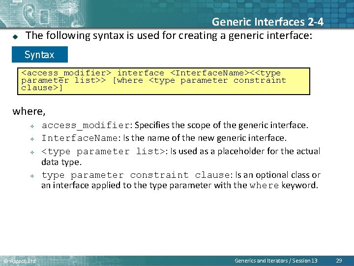 u Generic Interfaces 2 -4 The following syntax is used for creating a generic