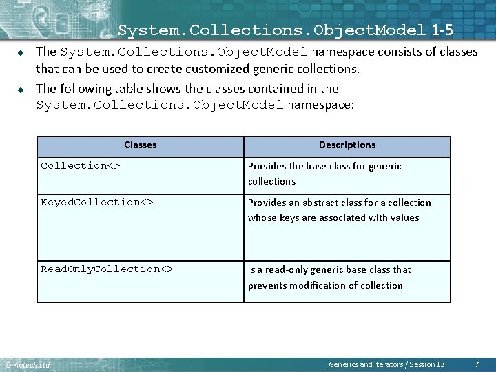 System. Collections. Object. Model 1 -5 u u The System. Collections. Object. Model namespace