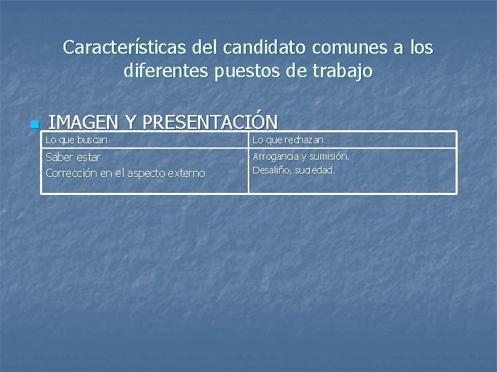 Características del candidato comunes a los diferentes puestos de trabajo n IMAGEN Y PRESENTACIÓN